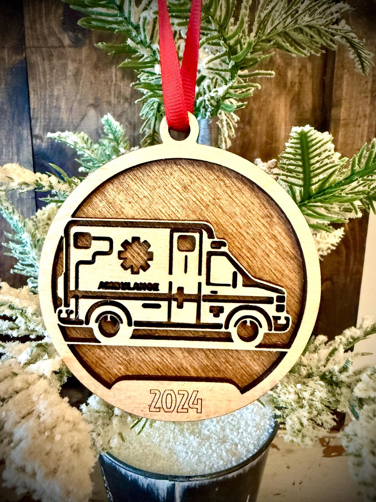 Ambulance EMT Paramedic First Responder Personalized 2-Layer Wood Christmas Ornament & Gift Tag | Multiple Finishes | First Responder Gift