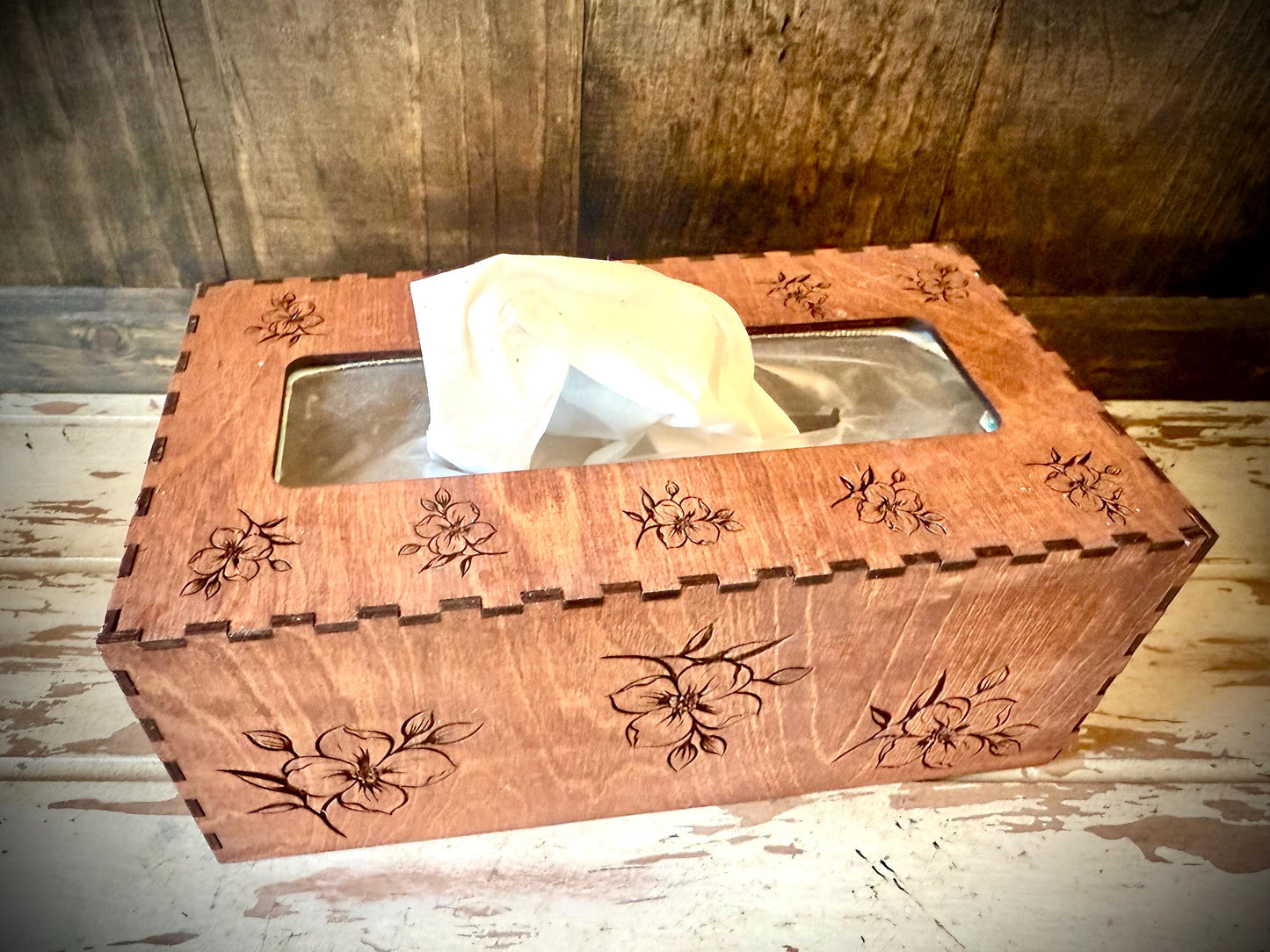 Dogwood Floral Engraved Wood Tissue Box Cover | Square, Oblong & Costco Sizes | 12 Finishes