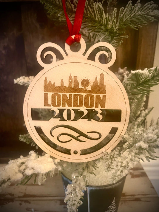 London Skyline Wood Ornament | Choice of Year | 4" x 4.75" | Travel Souvenir Gift