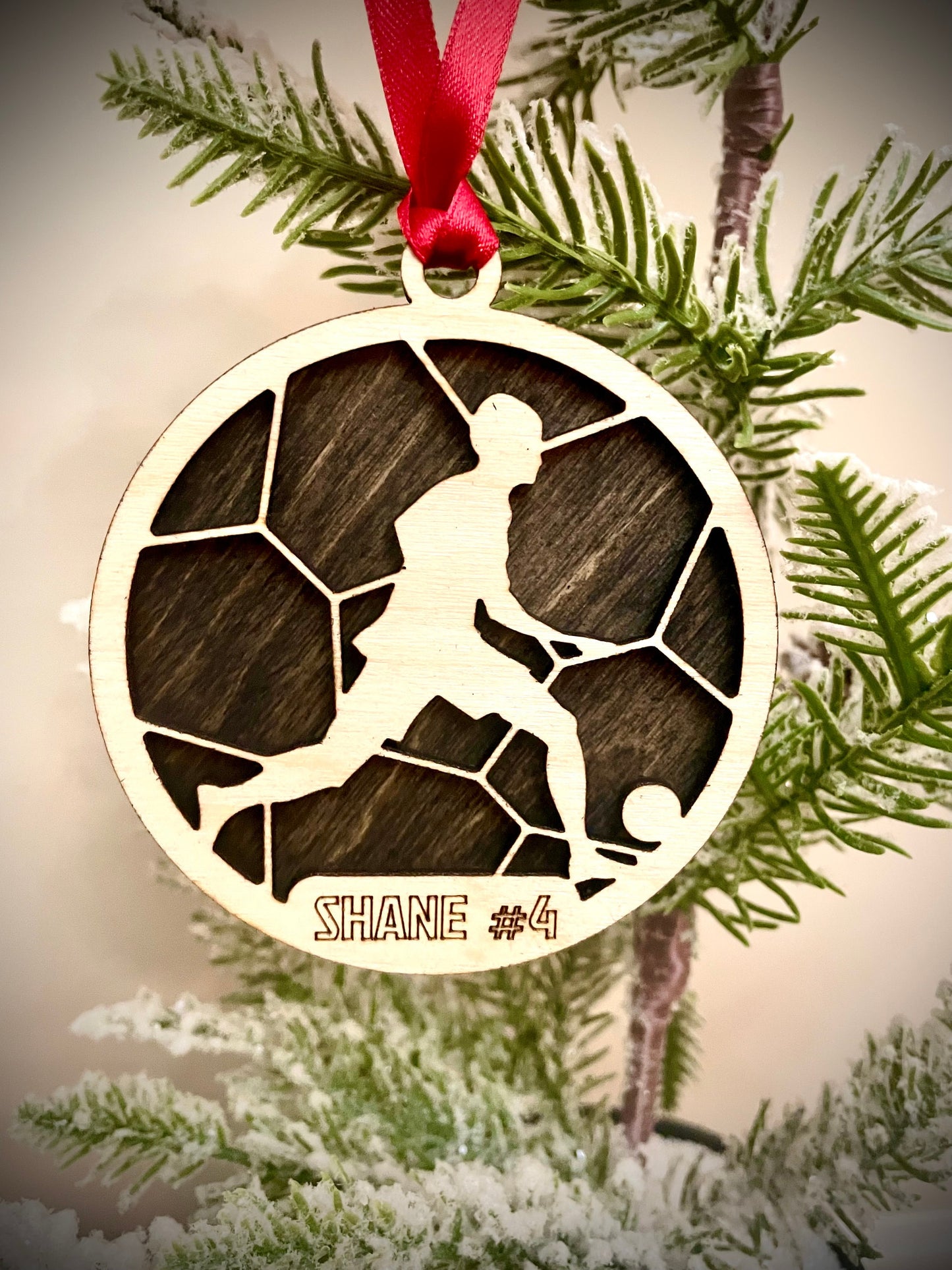 Soccer player 2-layer personalized laser cut wood Christmas ornament, gift tag available unfinished or stained (version 6 of 12)