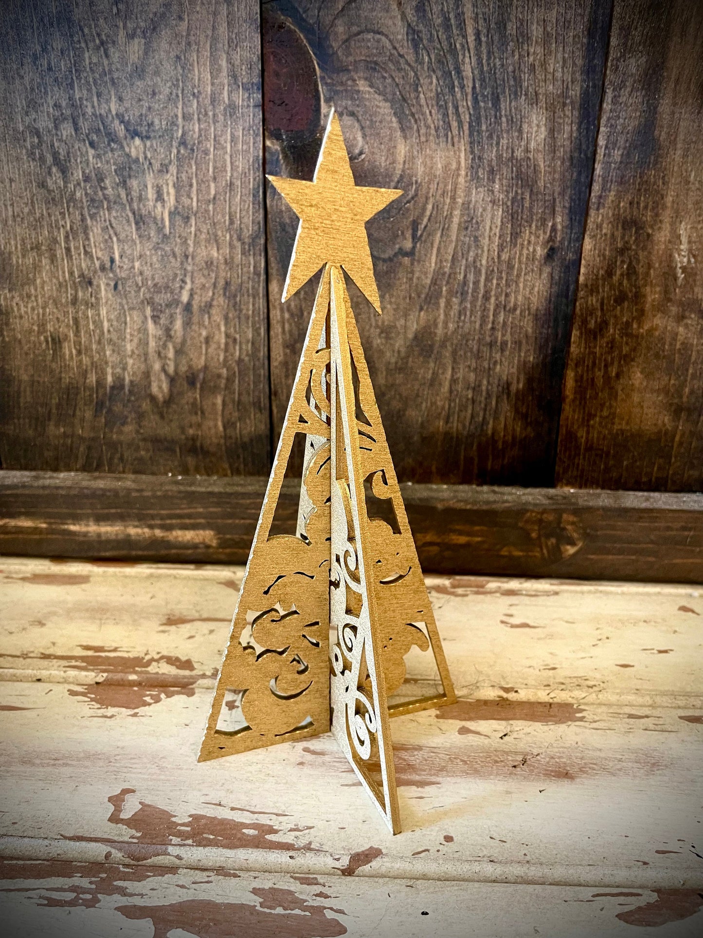3D Flourish Pine Tree with Star Wood Tabletop Decor | 3 Sizes, 14 Finishes