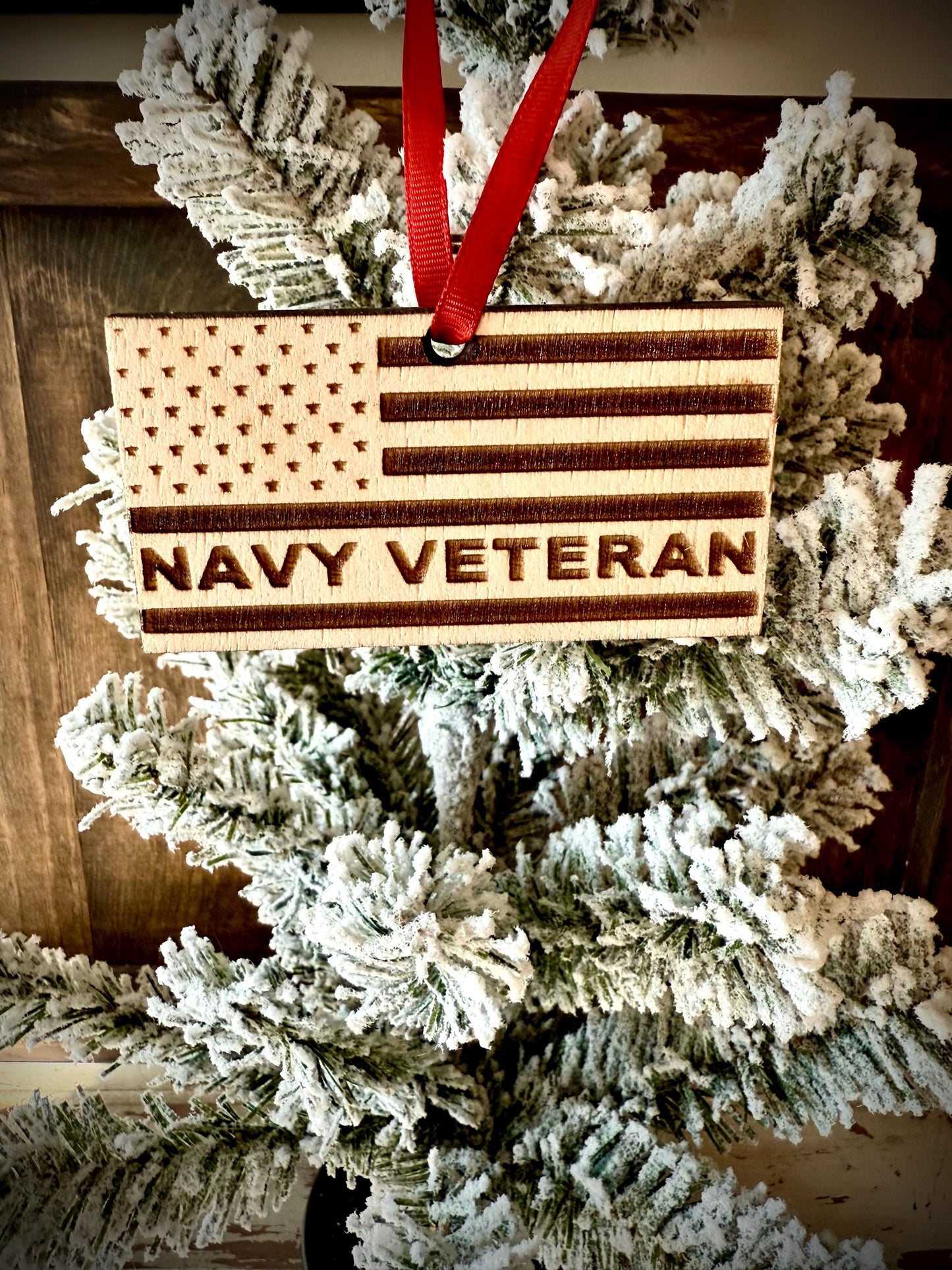 Navy Veteran Engraved US Flag Wood Ornament | Patriotic Gift | Military Gift