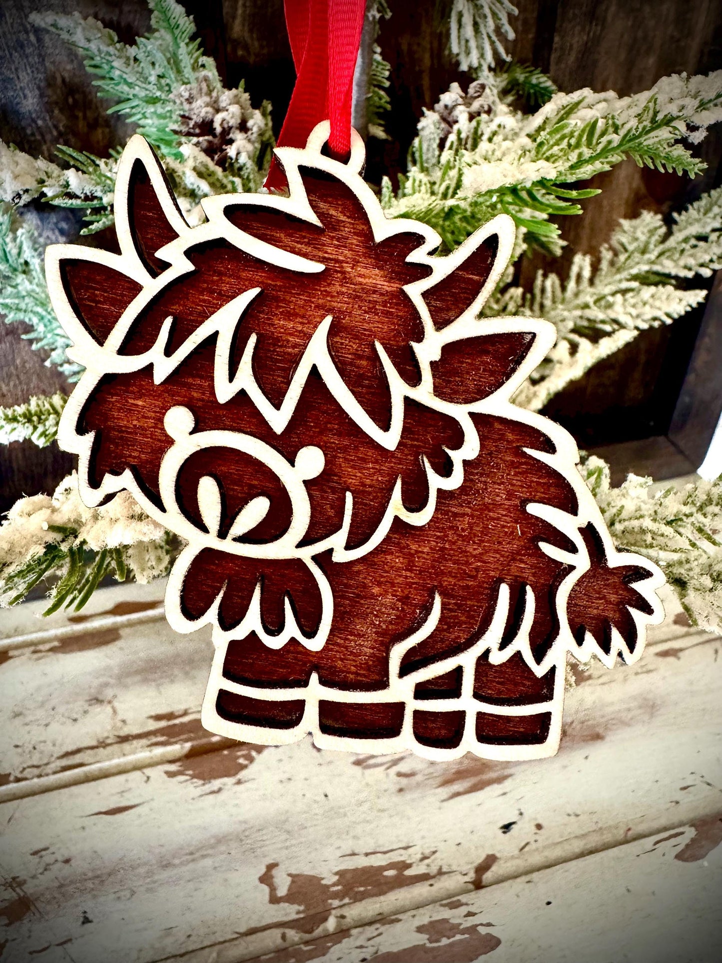 Baby highland cattle Scottish highland 2-layer laser cut wood Christmas ornament, gift tag, available unfinished or stained