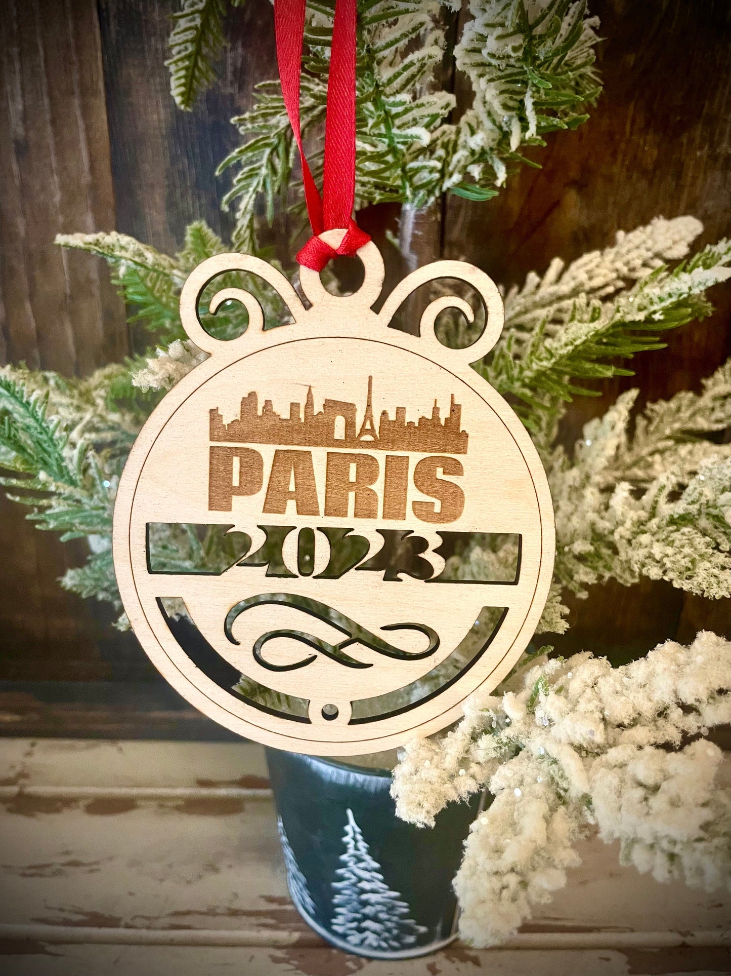 Paris Skyline Wood Ornament | Choice of Year | 4" x 4.75" | Travel Souvenir Gift