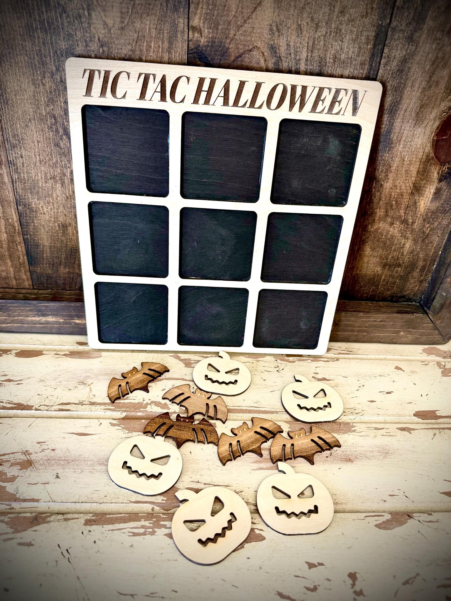 Tic Tac Halloween Wood Game | Laser Engraved | 12 Finishes | Halloween & Fall Gift