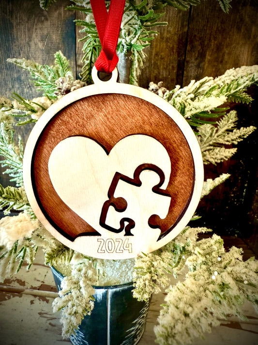Autism Awareness Heart & Puzzle Piece Personalized 2-Layer Wood Christmas Ornament & Gift Tag | Multiple Finishes | Awareness Gift