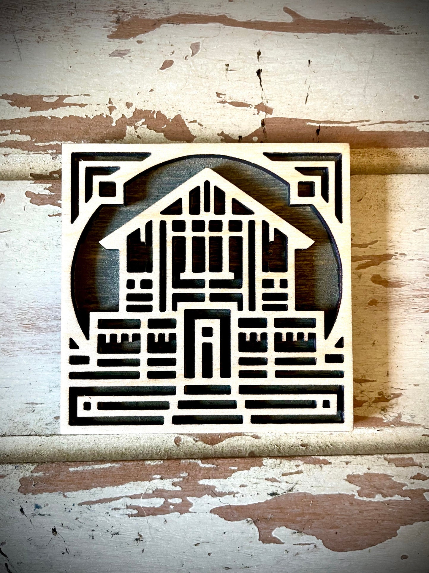 Boho modern art deco Art Deco house 2-layer square wood art in magnet or larger sizes in choice of 12 finishes.