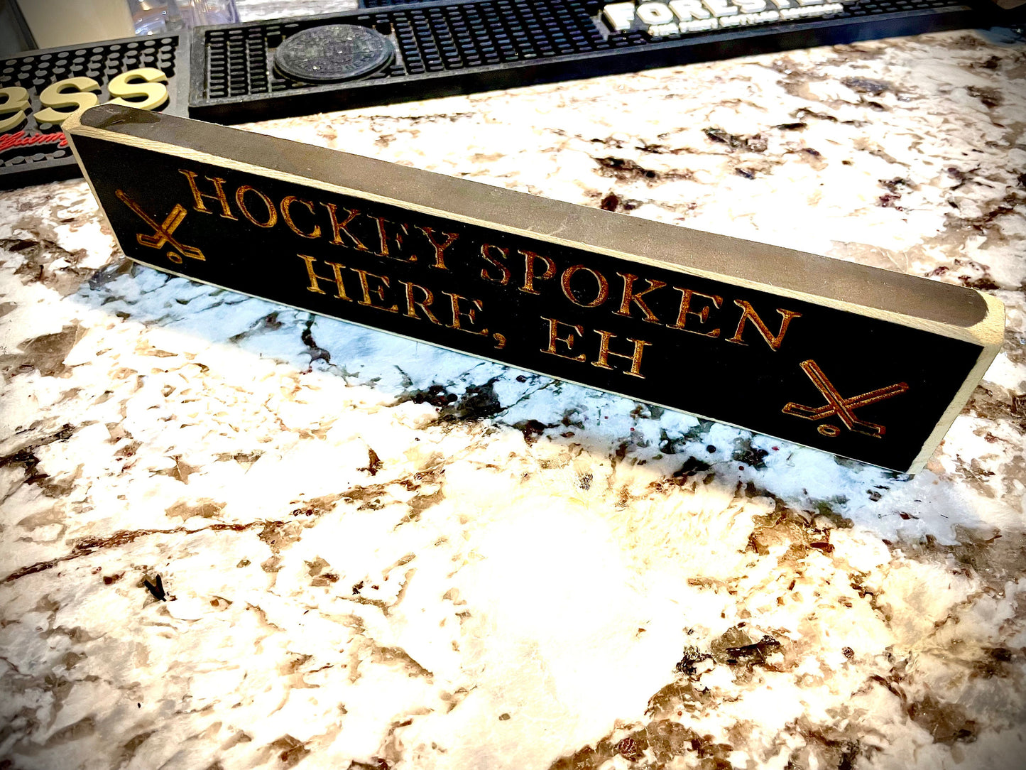 Funny Wood Hockey Sign | "Hockey Spoken Here, EH" | Canadian Hockey Decor