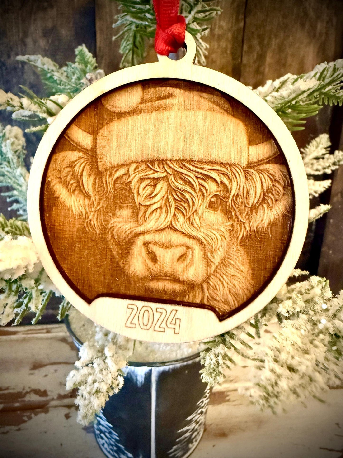 Scottish Highland Cow with Santa Hat 3D Relief Personalized 2-Layer Wood Christmas Ornament & Gift Tag | Holiday Gift