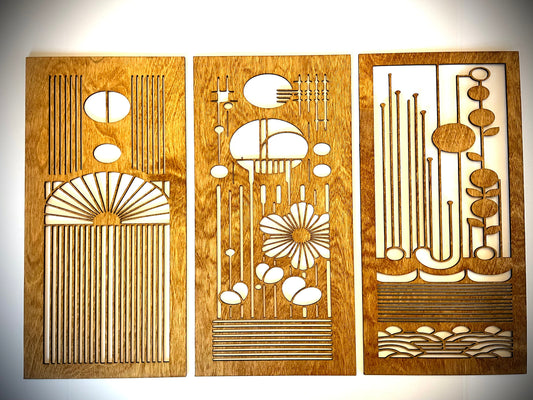 Mid Century Modern Floral Wood Wall Art | 3-Panel Set | Multiple Sizes & Finishes | Style C