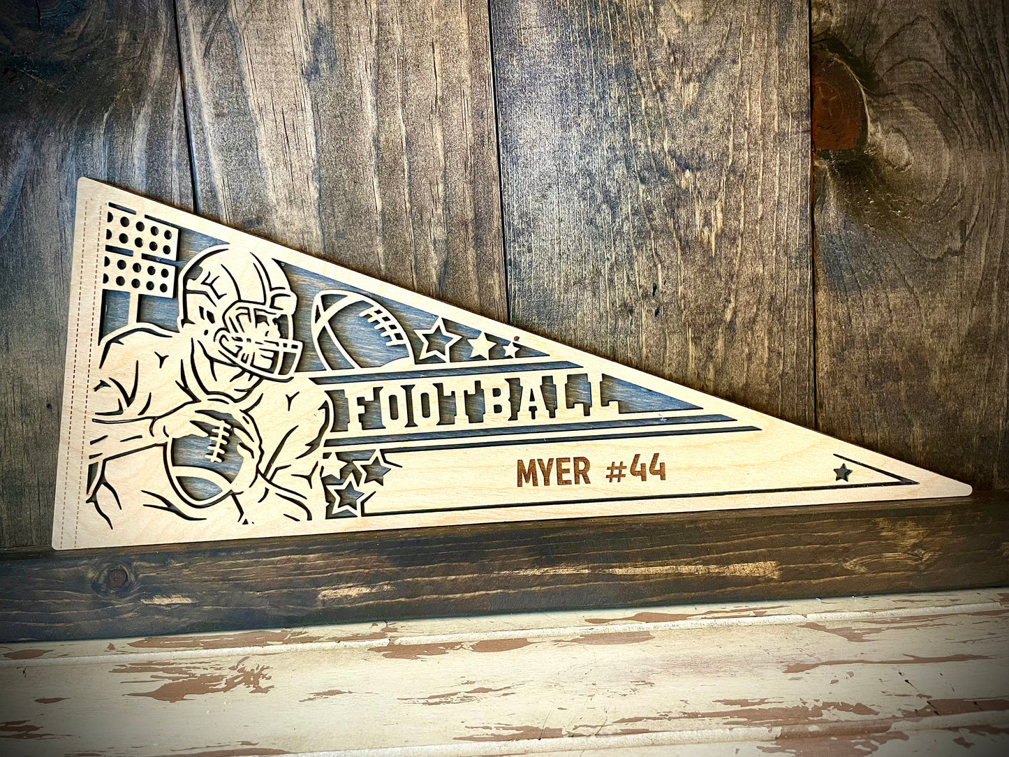 Custom Male Football Player Wood Pennant | Name & Number Engraved | 12 Finishes | Pose 1