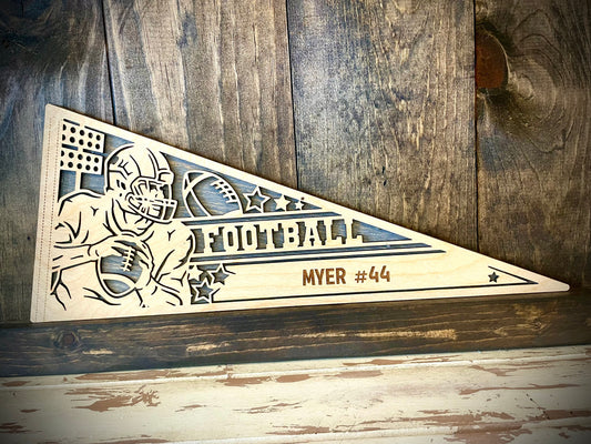 Custom Male Football Player Wood Pennant | Name & Number Engraved | 12 Finishes | Pose 1