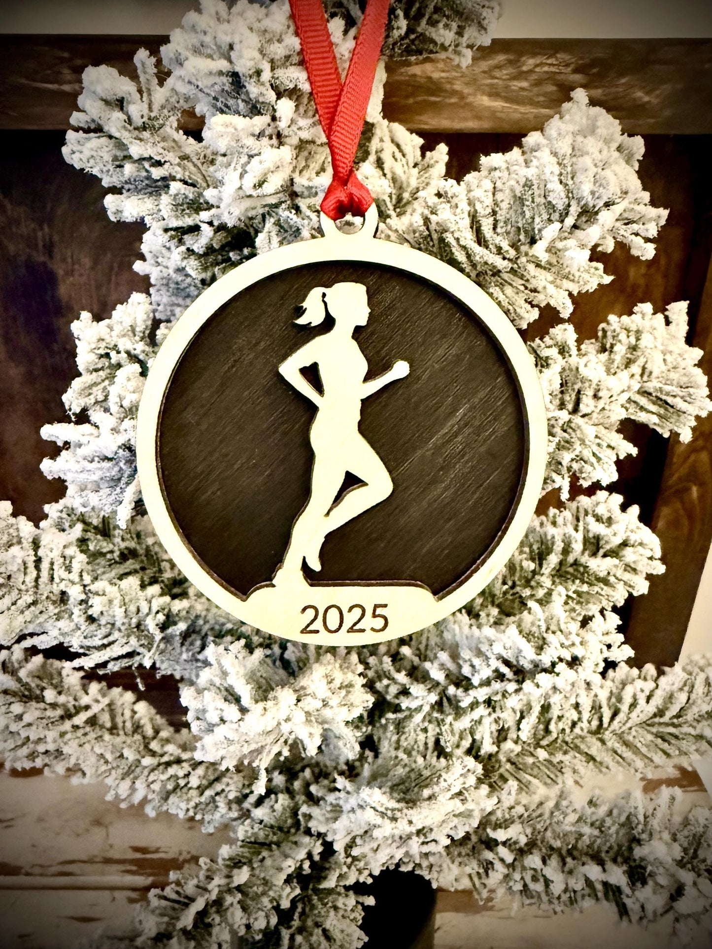 Female Runner Personalized 2-Layer Wood Christmas Ornament & Gift Tag | Multiple Finishes | Running Gift