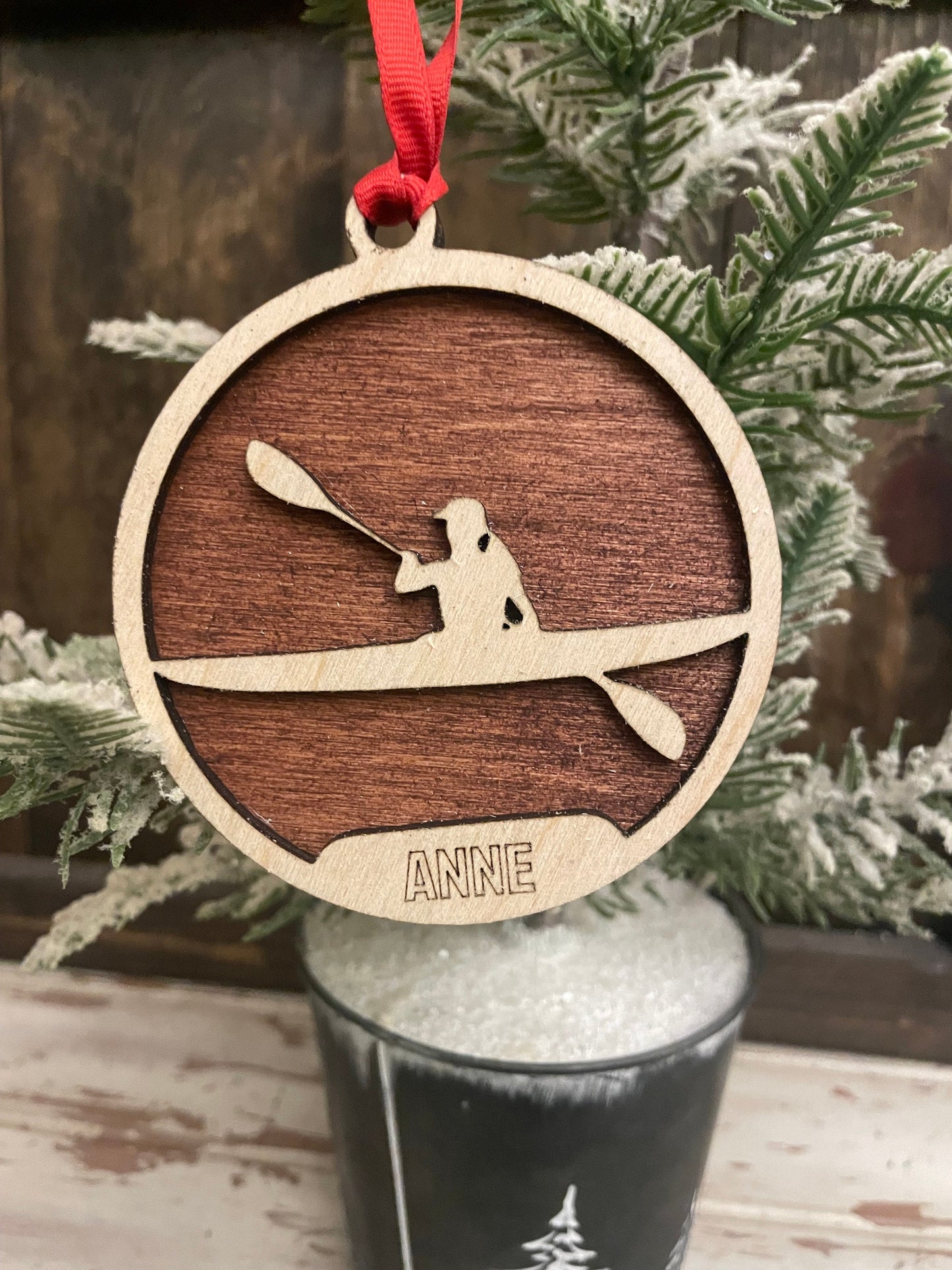 Female Kayaking Personalized 2-Layer Wood Christmas Ornament & Gift Tag | Multiple Finishes | Kayaking Gift