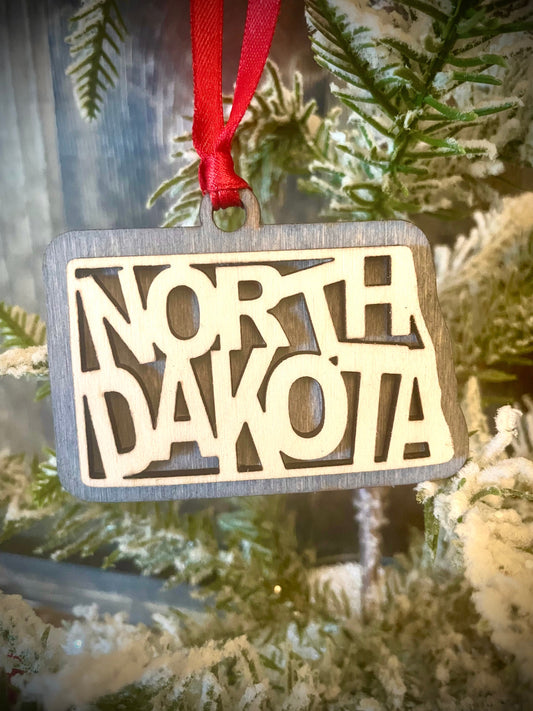 North Dakota Word Art Wood Ornament & Gift Tag | 12 Finishes | State Pride Gift