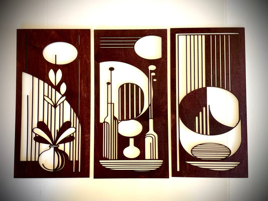 Mid Century Modern Floral Wood Wall Art | 3-Panel Set | Multiple Sizes & Finishes | Set G