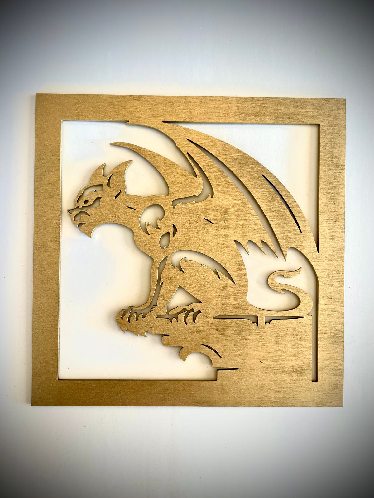 Gothic Style Gargoyle wood wall art, single panel portrait view in Bright Gold Paint finish
