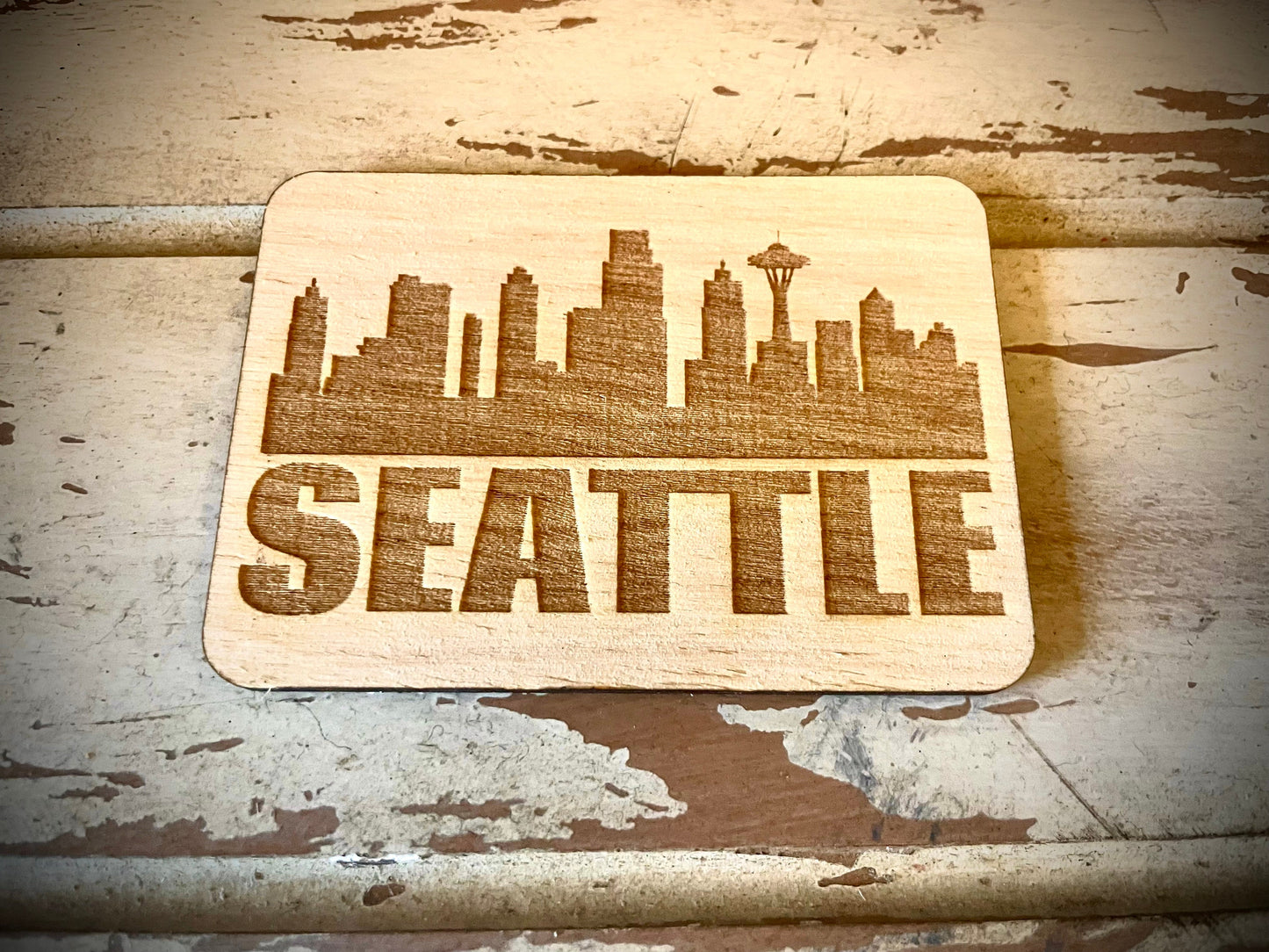 Seattle Skyline Wood Magnet | City Souvenir | 3.5" x 2.5"