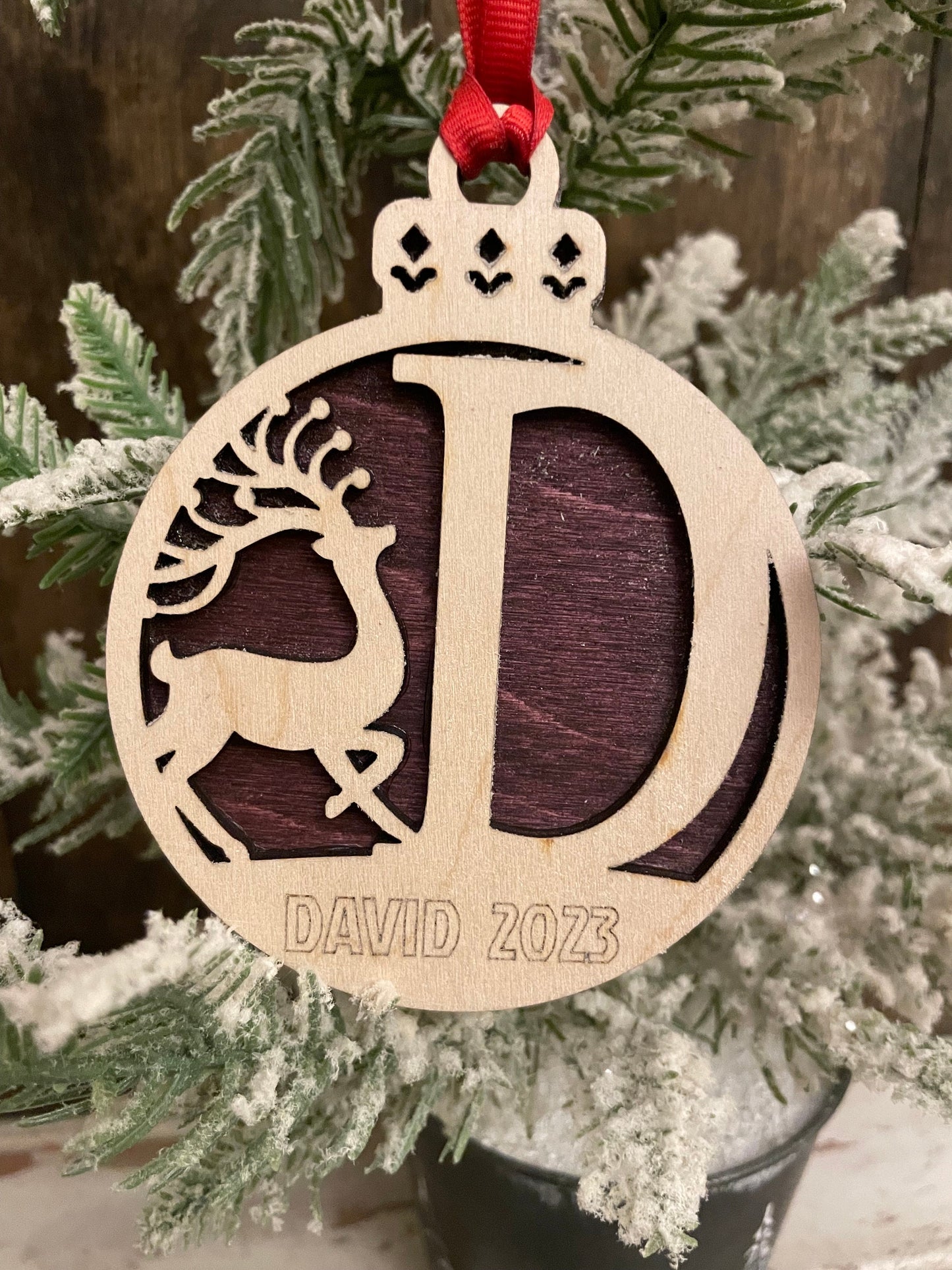 Reindeer Monogram Personalized 2-Layer Wood Christmas Ornament & Gift Tag | Multiple Finishes | Holiday Gift