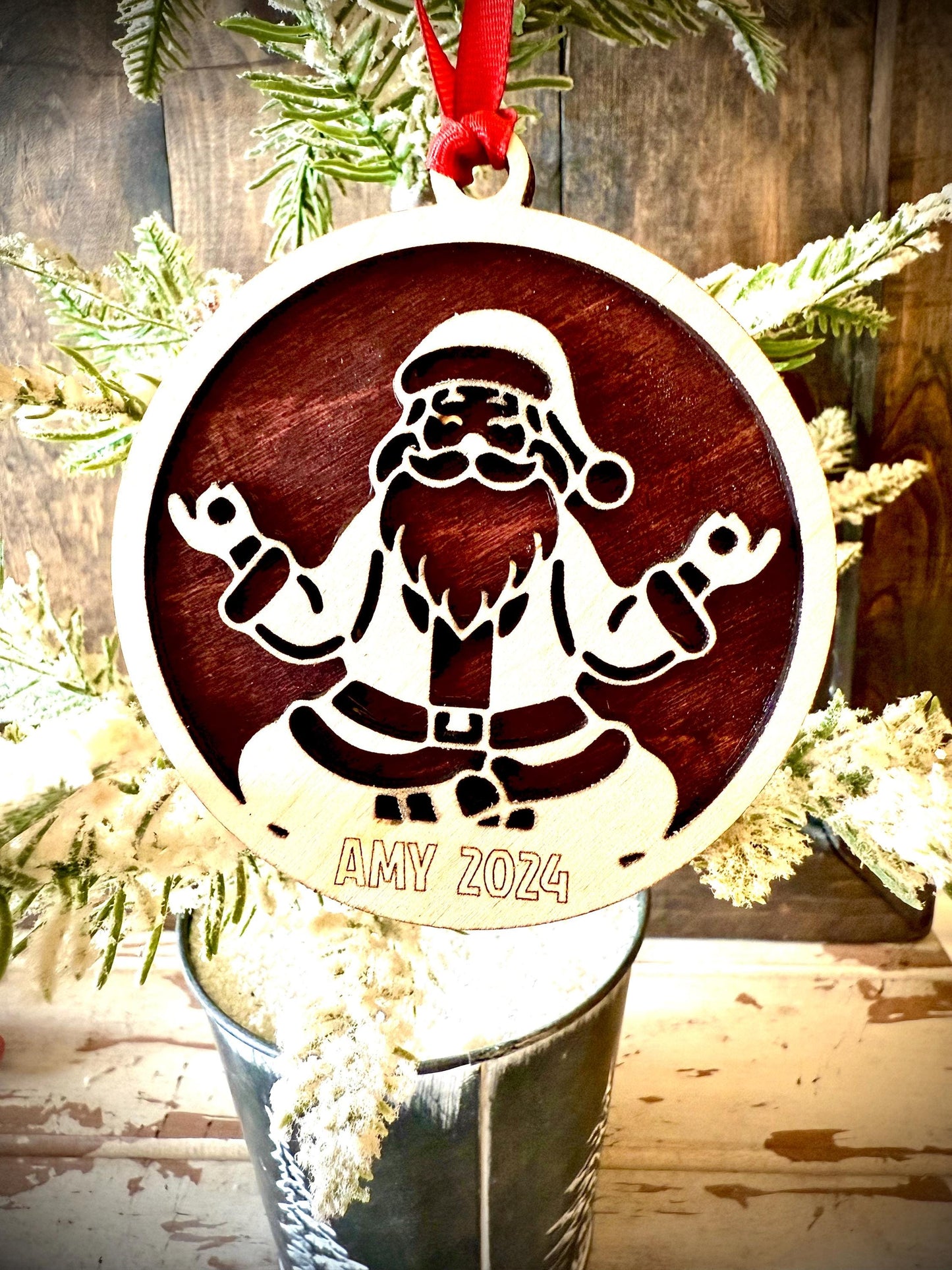 Santa Yoga Personalized 2-Layer Wood Christmas Ornament & Gift Tag | Multiple Finishes | Yoga Gift
