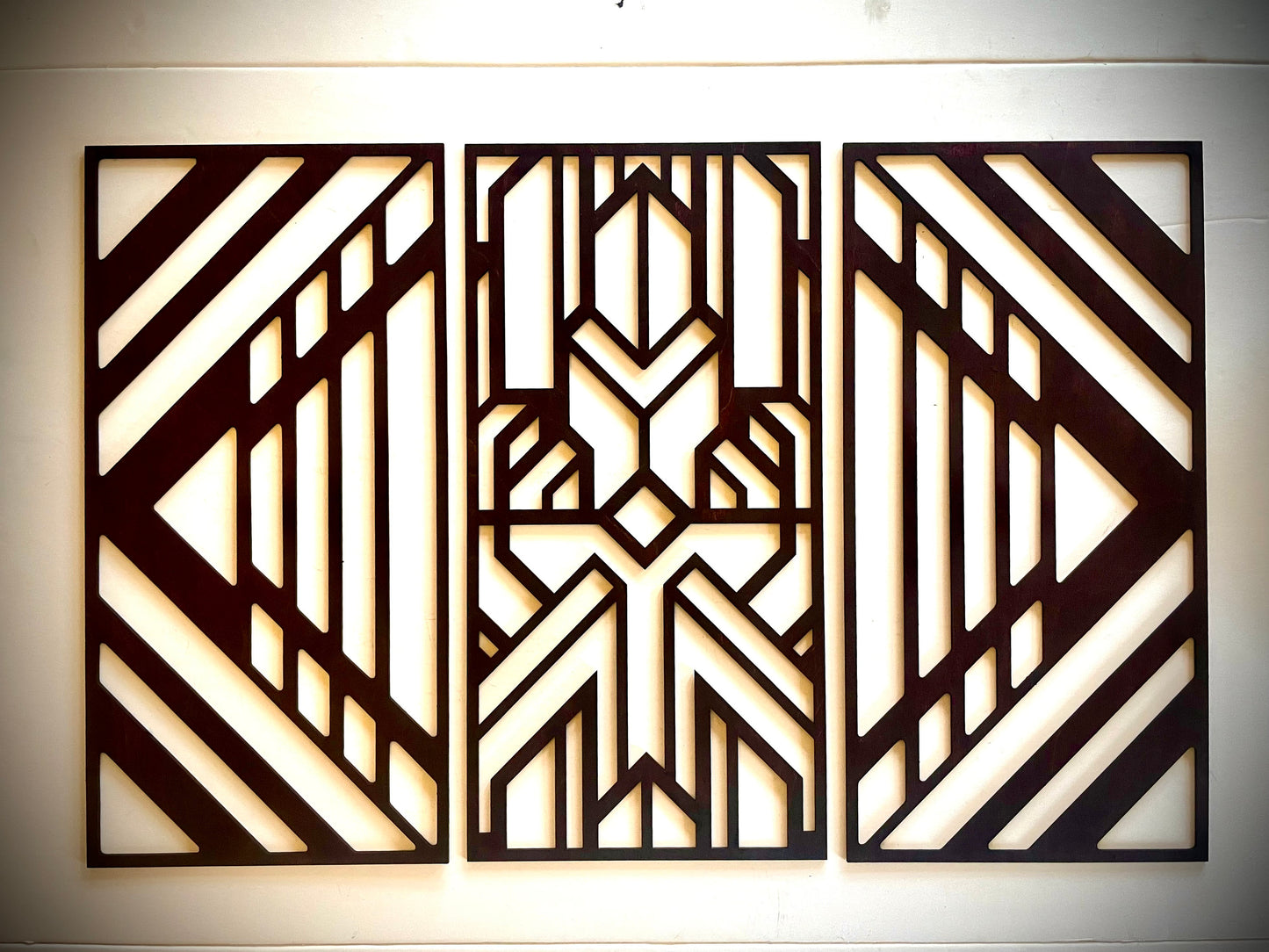 Boho Modern Art Deco Geometry wood wall art, 3 panel set in multiple sizes and finishes, Style M