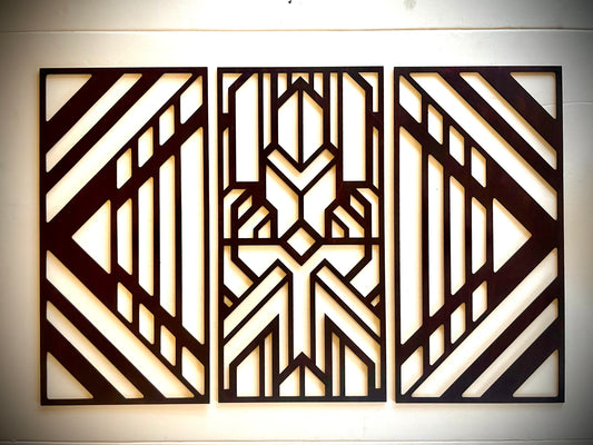 Boho Modern Art Deco Geometry wood wall art, 3 panel set in multiple sizes and finishes, Style M