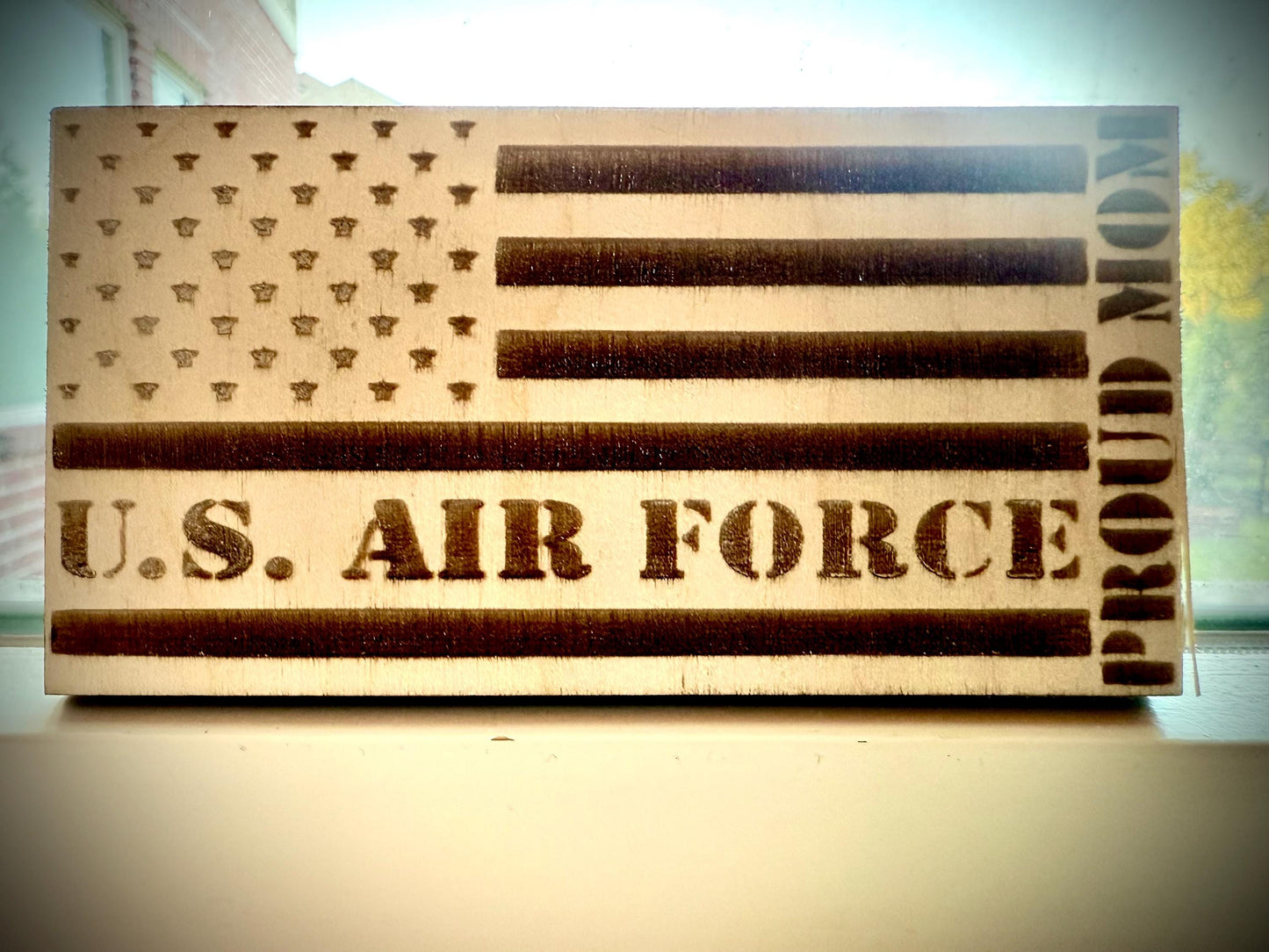 US Air Force Proud Mom Laser Engraved US Flag Wood Refrigerator Magnet | 4" x 2.1" | Military Gift