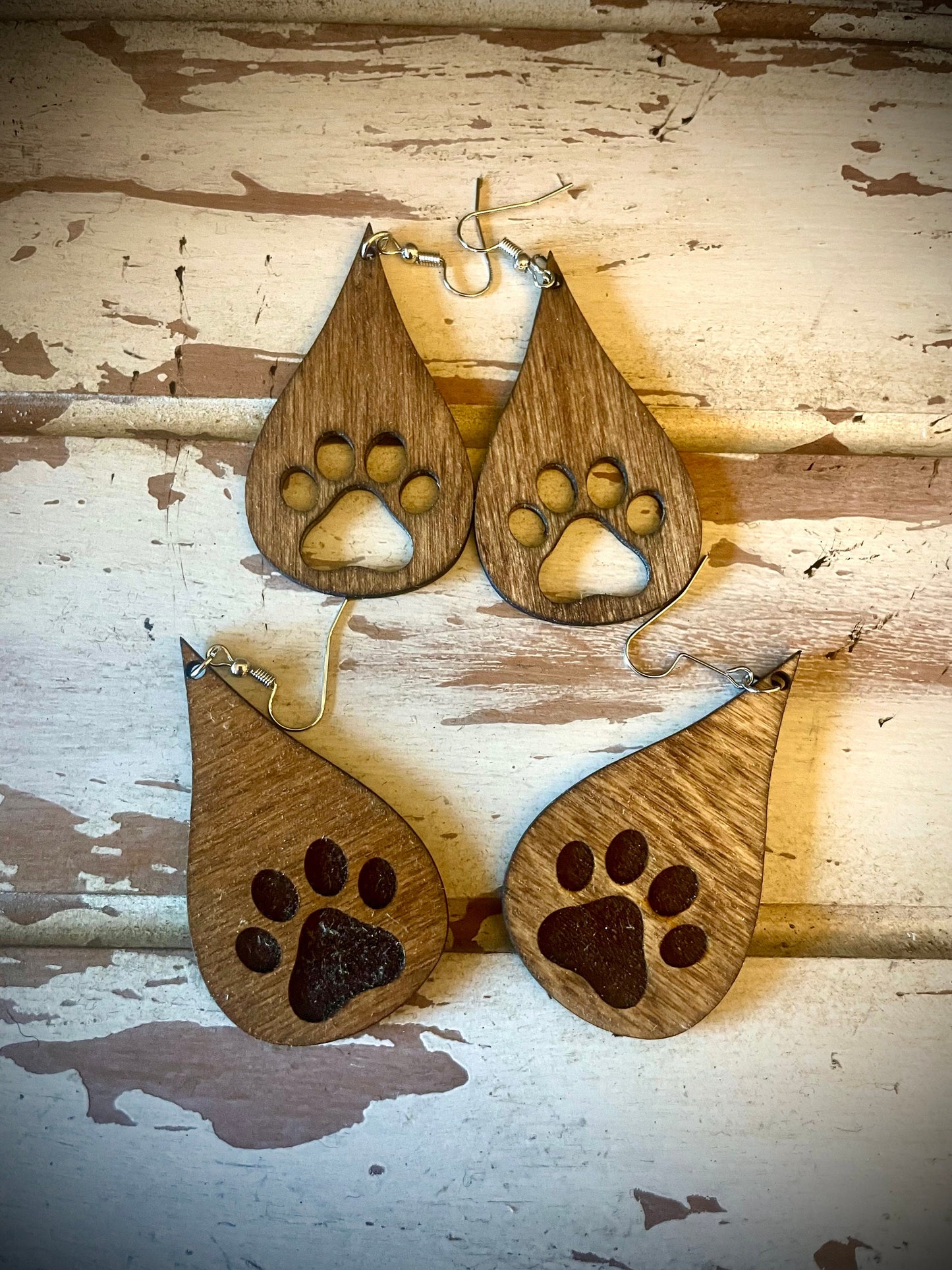 Dog Paw Teardrop Wood Dangle Earrings | Cut Out or Engraved | 3 Sizes, 12 Finishes