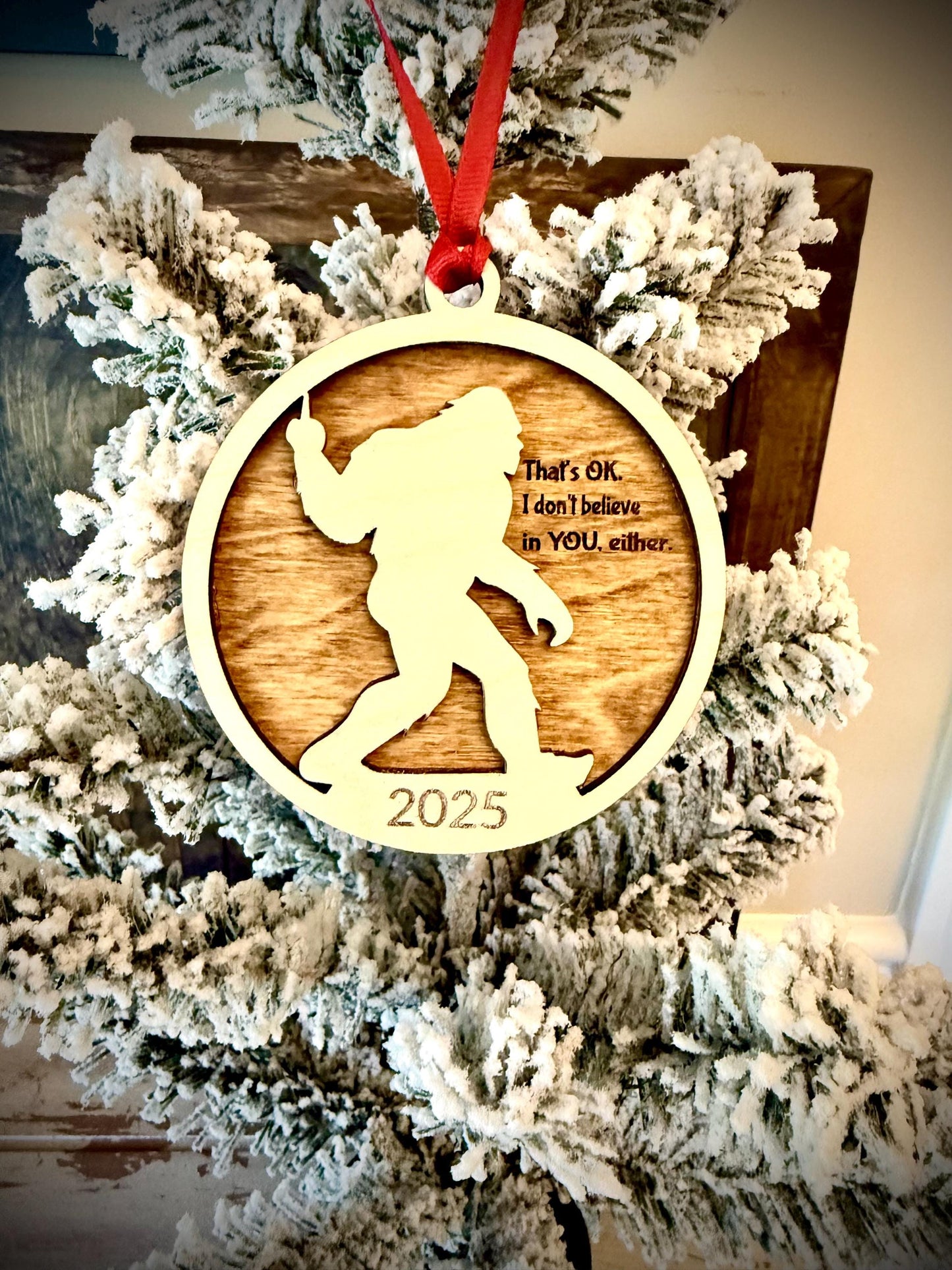 Bigfoot Giving the Finger Personalized 2-Layer Wood Christmas Ornament & Gift Tag | Multiple Finishes | Funny Gift