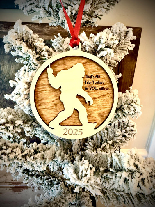 Bigfoot Giving the Finger Personalized 2-Layer Wood Christmas Ornament & Gift Tag | Multiple Finishes | Funny Gift