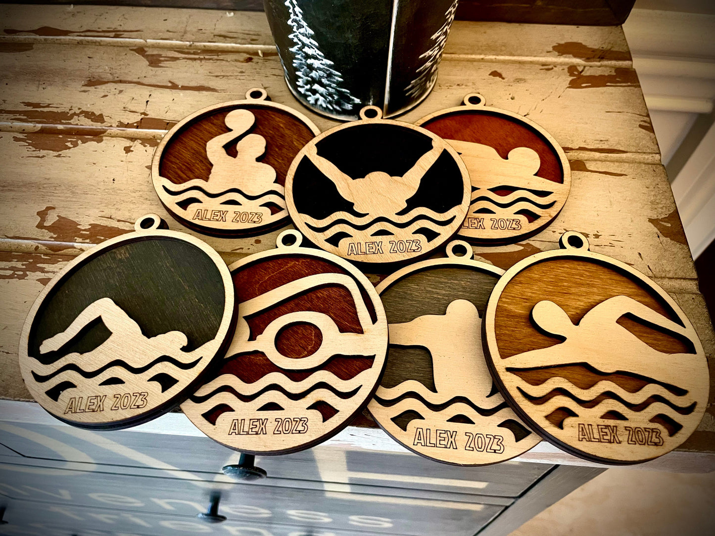 Swimming Personalized 2-Layer Wood Christmas Ornament & Gift Tag | Multiple Finishes | Sports Gift (#7)