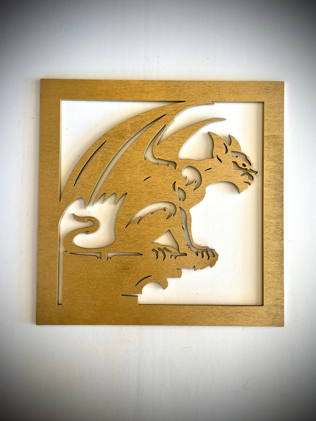 Gothic Style Gargoyle wood wall art, single panel close-up in Bright Gold Paint finish