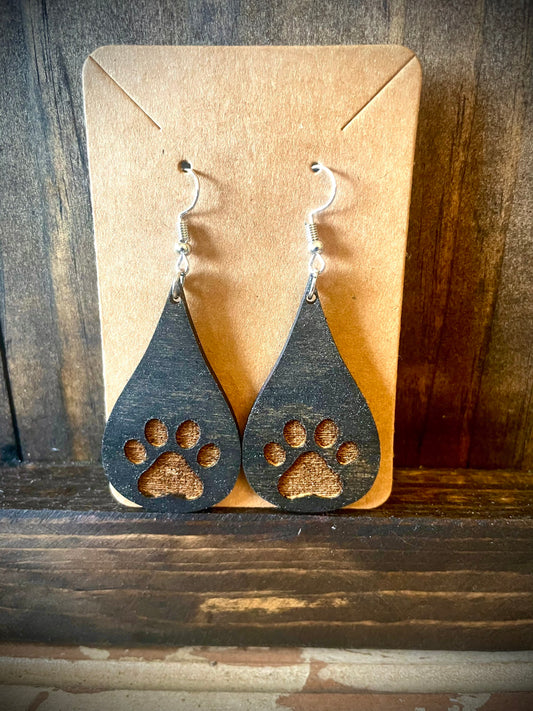 Dog Paw Teardrop Wood Dangle Earrings | Cut Out or Engraved | 3 Sizes, 12 Finishes