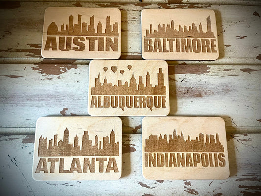 Denver Skyline Wood Magnet | City Souvenir | 3.5" x 2.5"