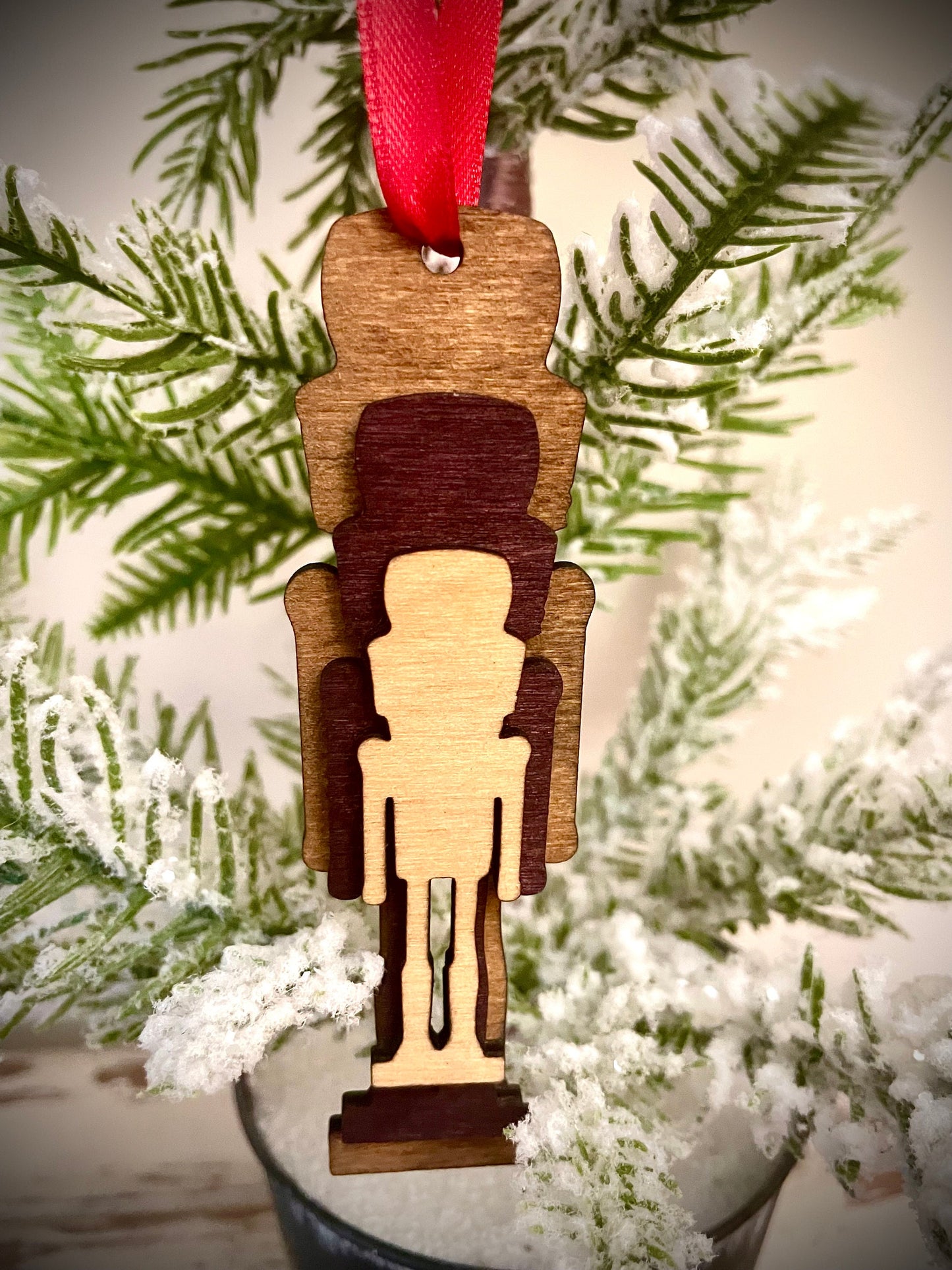 Stacked Nutcracker Wood Ornament & Gift Tag | Brown & Gray Tones | Holiday Gift