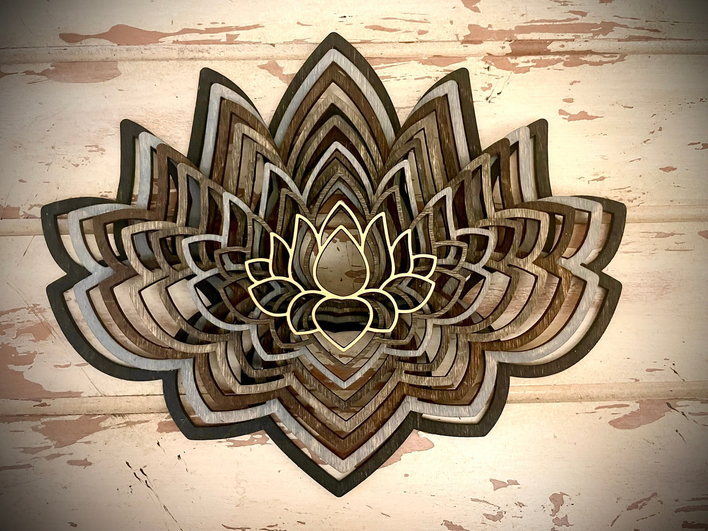 Boho Lotus Flower Mandala Stacked 3D Wood Table & Wall Art | 8 Layers | Brown or Gray Tones
