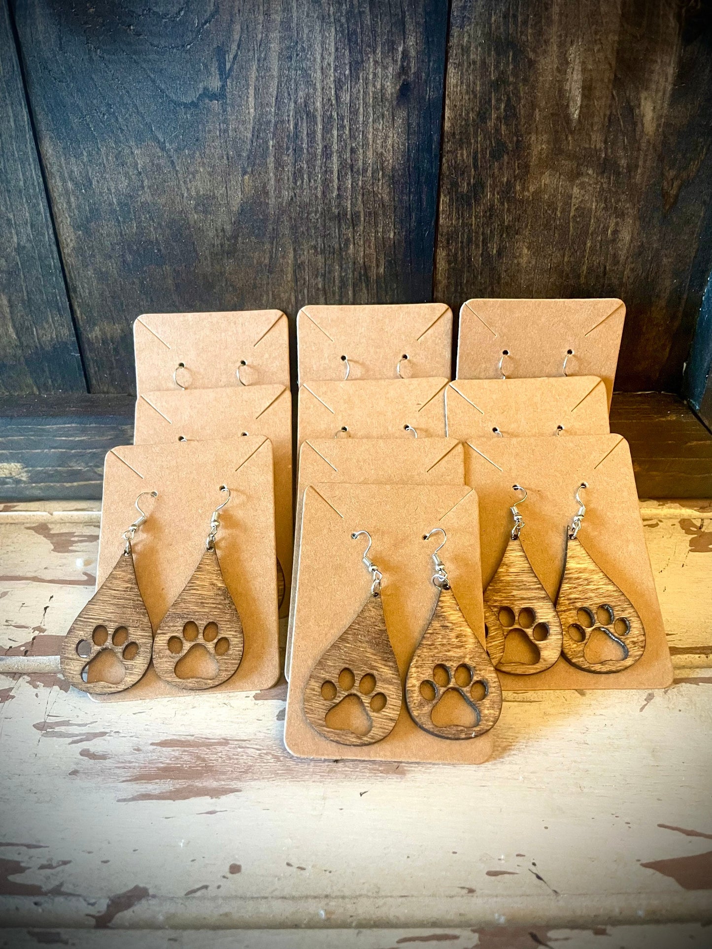 Dog Paw Teardrop Wood Dangle Earrings | Cut Out or Engraved | 3 Sizes, 12 Finishes