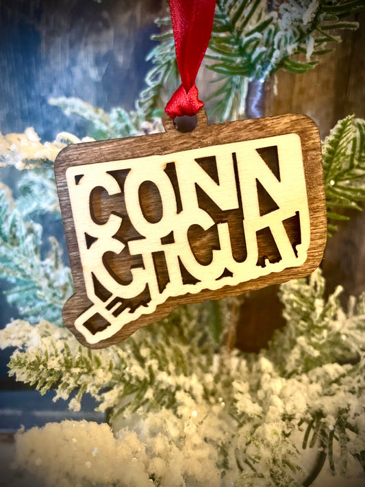 Connecticut Word Art Wood Ornament & Gift Tag | 12 Finishes | State Pride Gift