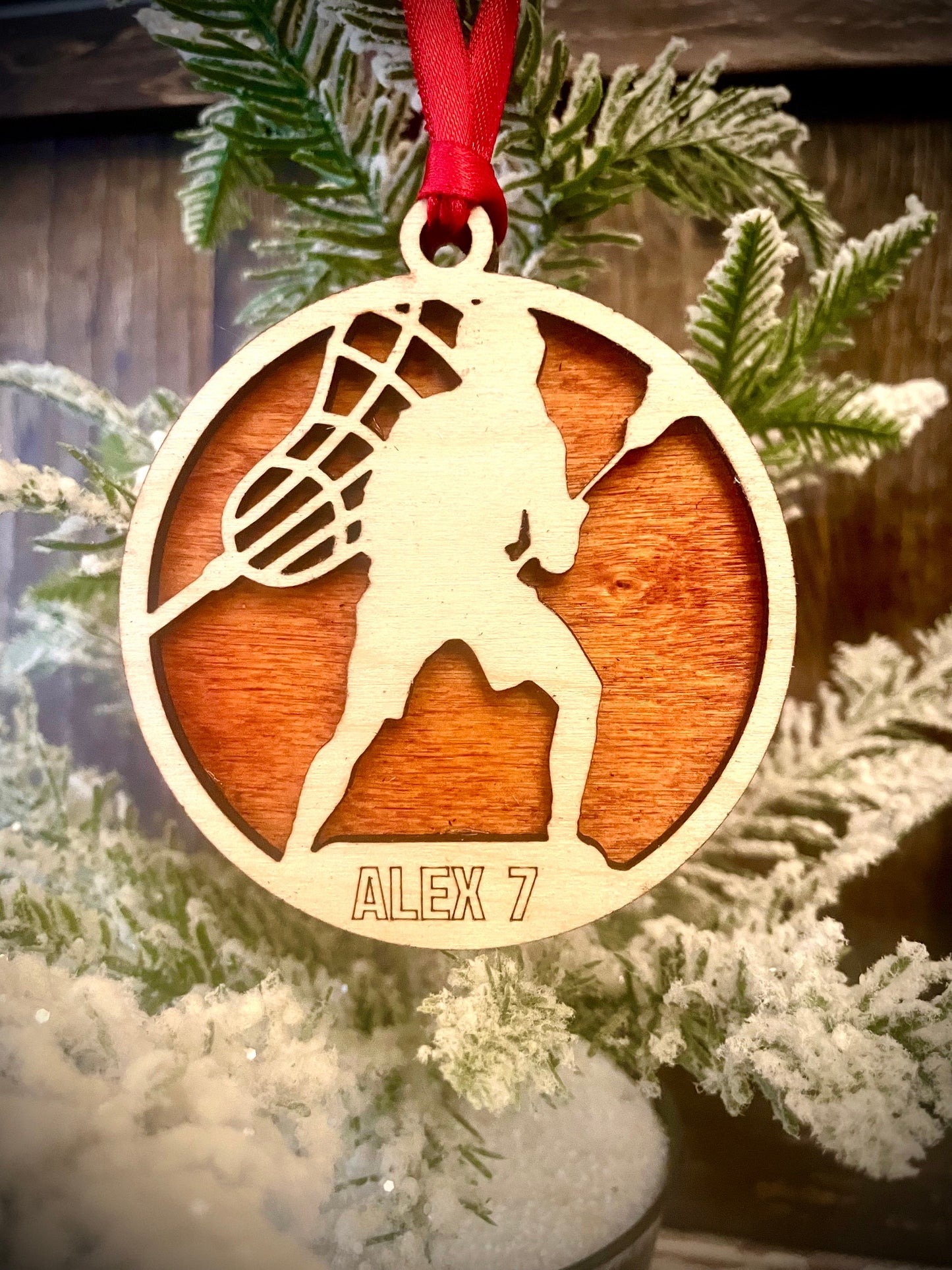 Lacrosse Player Personalized 2-Layer Wood Christmas Ornament & Gift Tag | Multiple Finishes | Lacrosse Gift (#4)