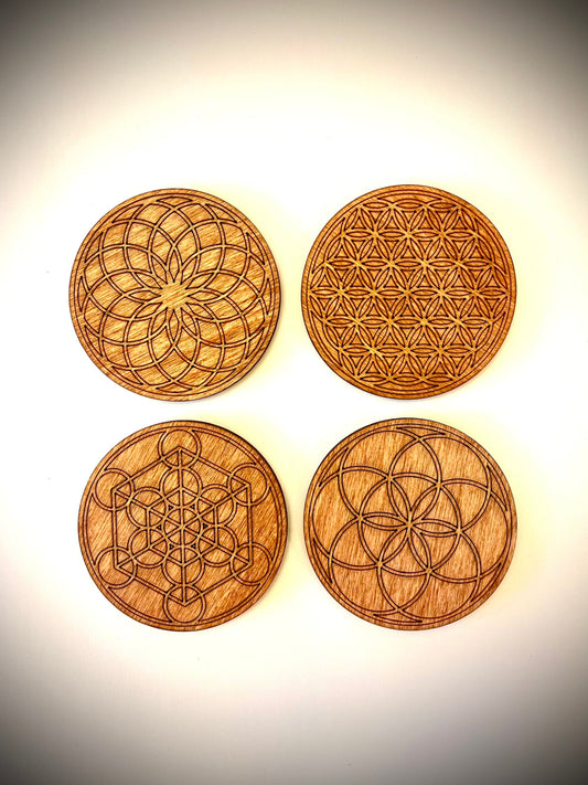 Sacred Geometry & Flower of Life Mandala Wood Magnet Set | Set of 4 | 12 Finishes | Home Decor Gift