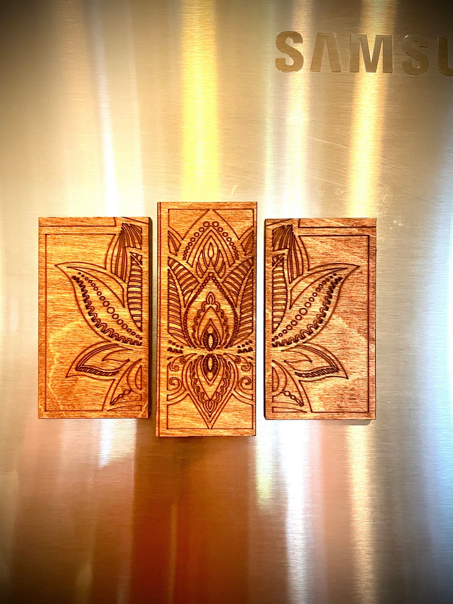 Lotus Flower Mandala Wood Magnet Set | 3-Panel Set | 12 Finishes