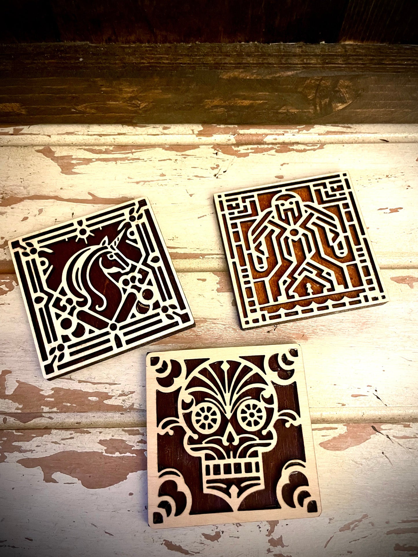 Boho Art Deco Sugar Skull 2-Layer Square Wood Magnet | 12 Finishes | Day of the Dead Gift