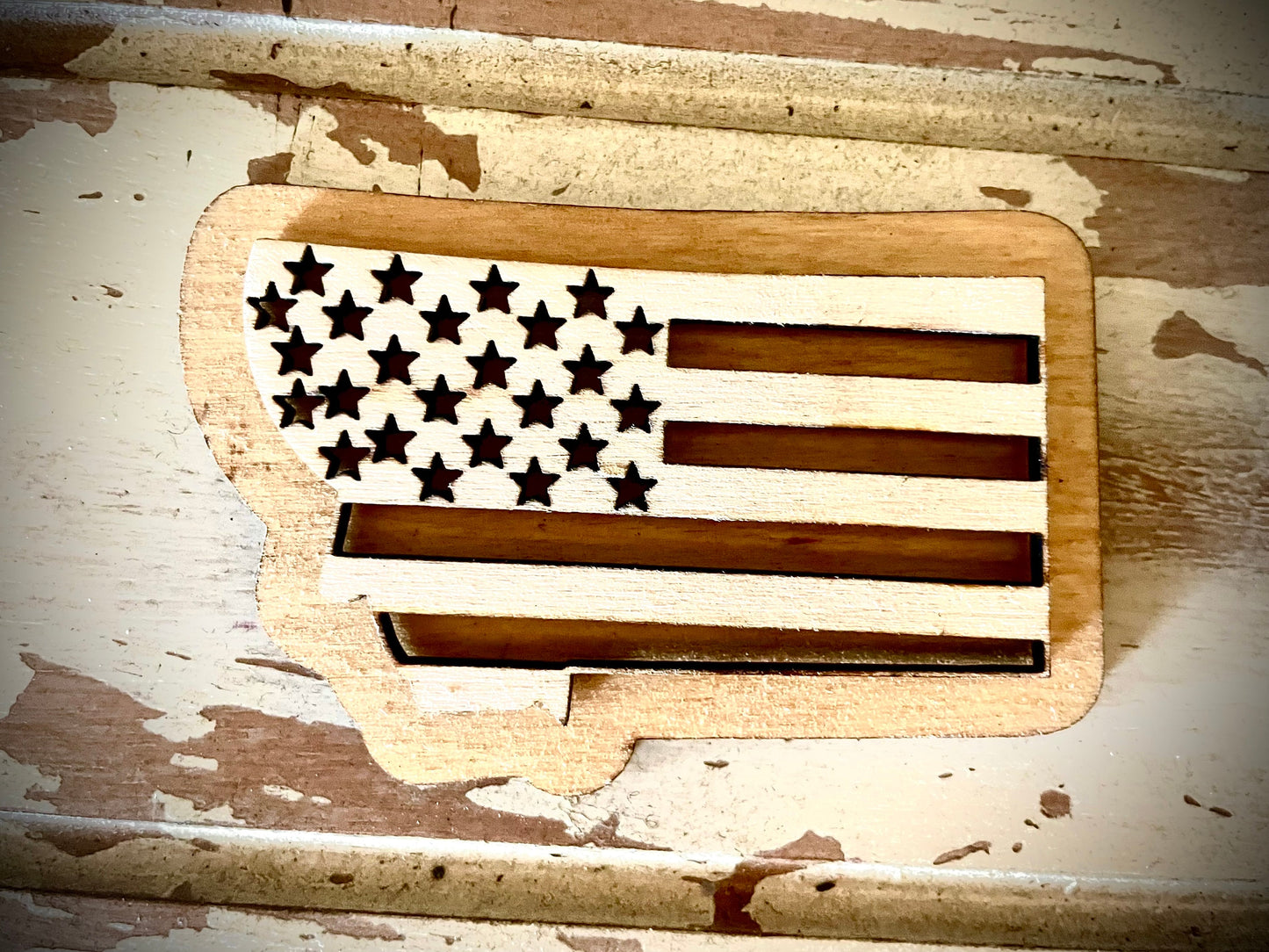 Montana US Flag 2-Layer Wood Refrigerator Magnet | 12 Finishes | Patriotic Gift