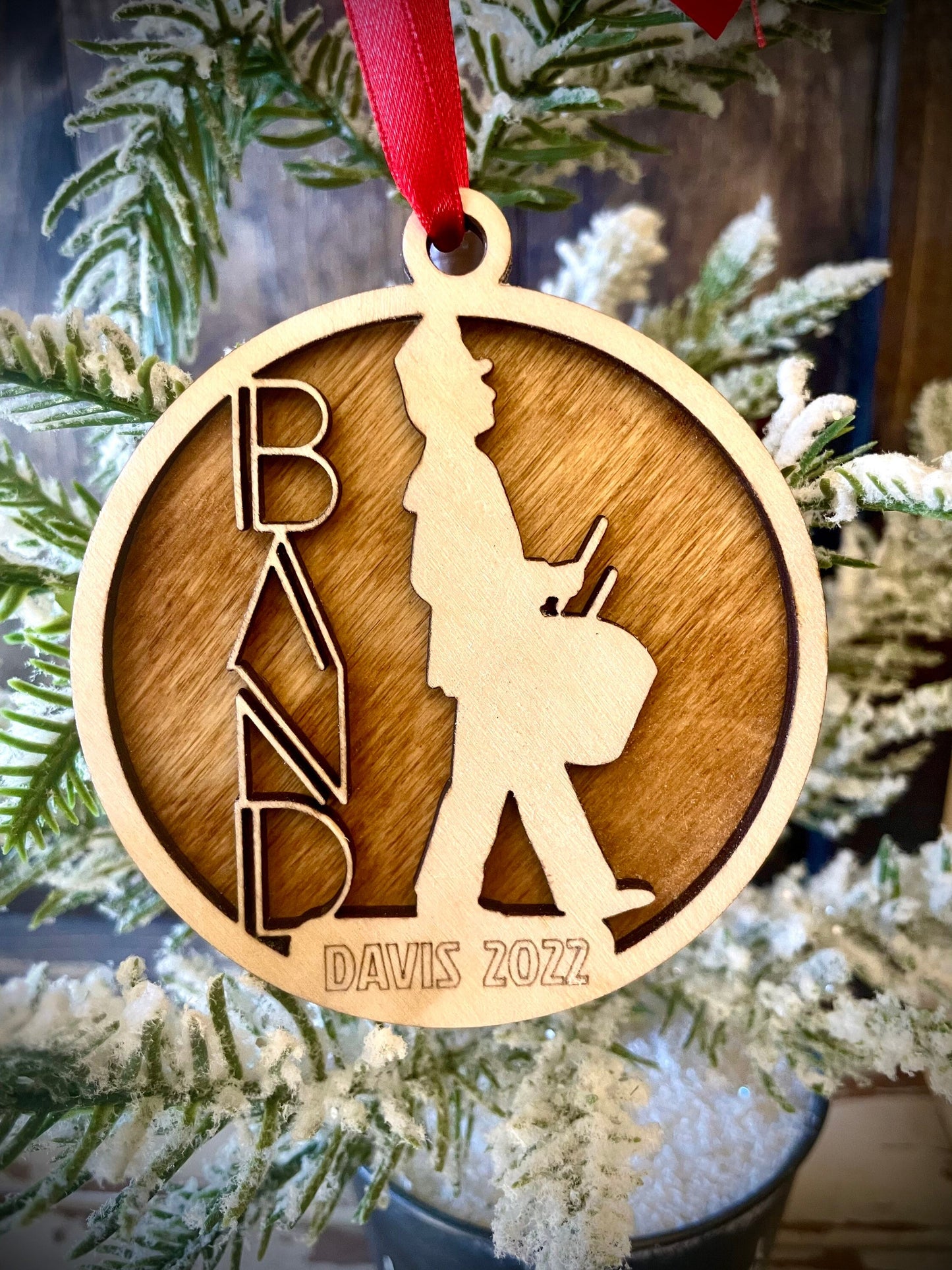 Marching band snare drum player 2-layer personalized laser cut wood Christmas ornament, gift tag available unfinished or stained v. 4 of 18
