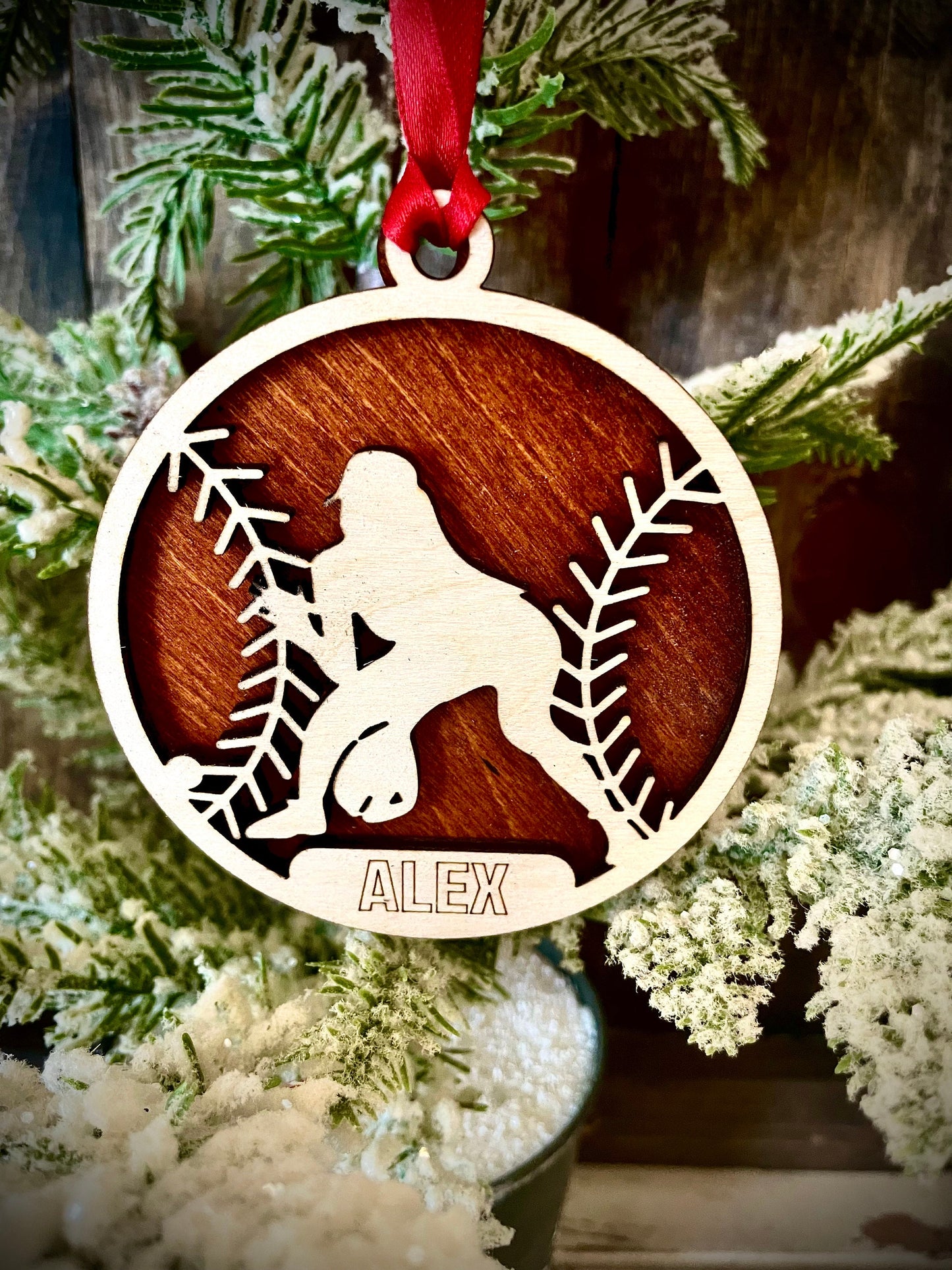 Softball player 2-layer personalized laser cut wood Christmas ornament, gift tag available unfinished or stained (version 3 of 9)
