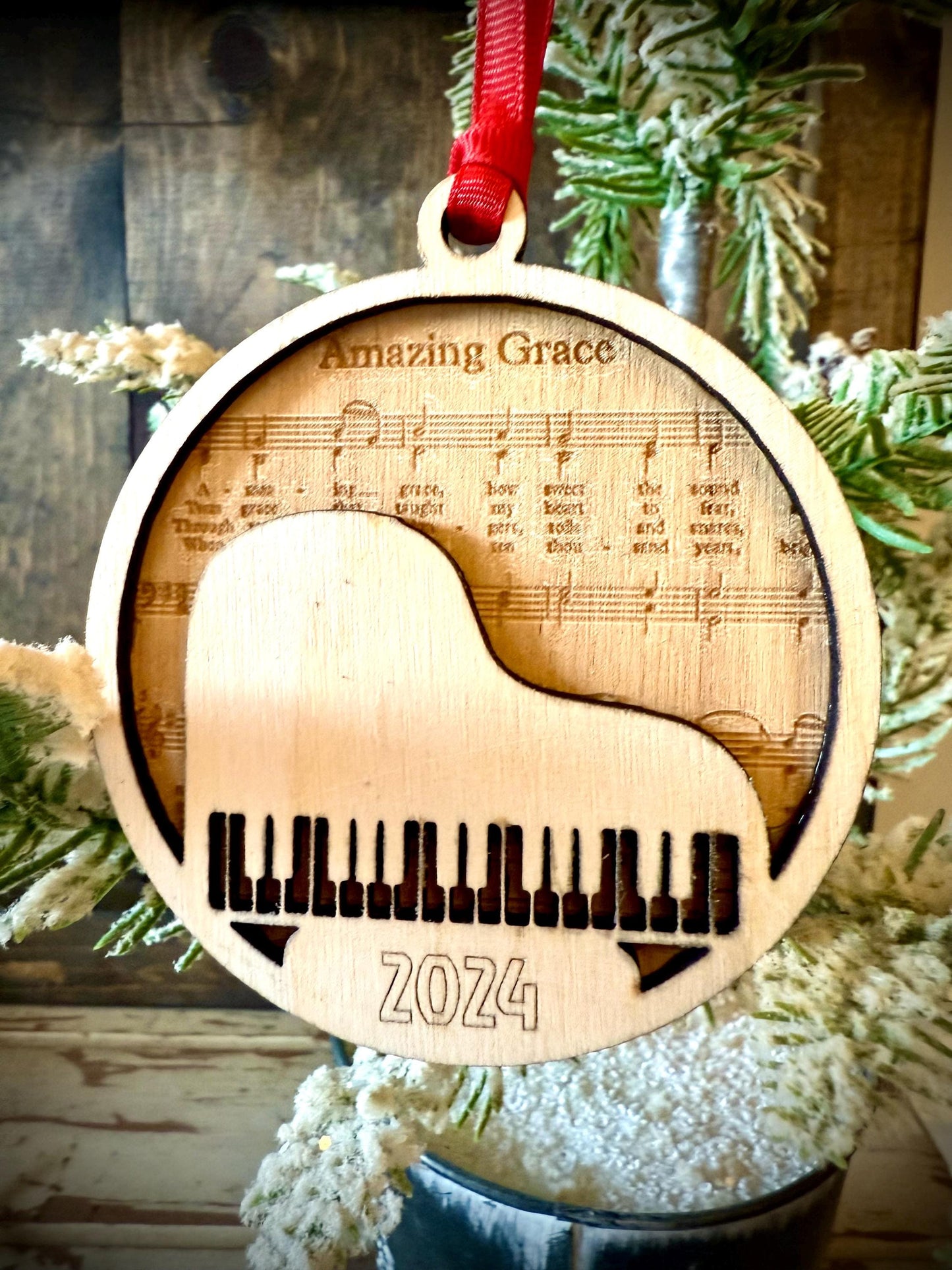 Amazing Grace Piano & Sheet Music Personalized Wood Christmas Ornament & Gift Tag | Laser Engraved | Music Gift