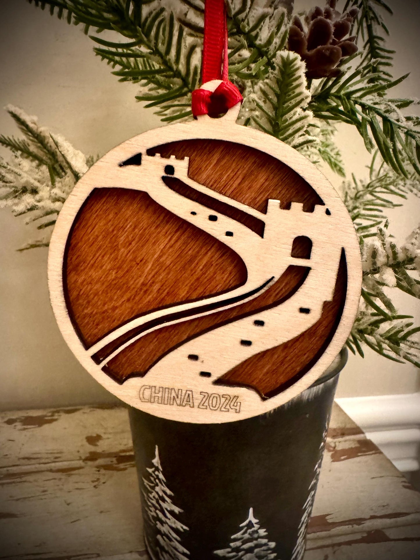 Great Wall of China Personalized 2-Layer Wood Christmas Ornament & Gift Tag | Multiple Finishes | Travel Gift