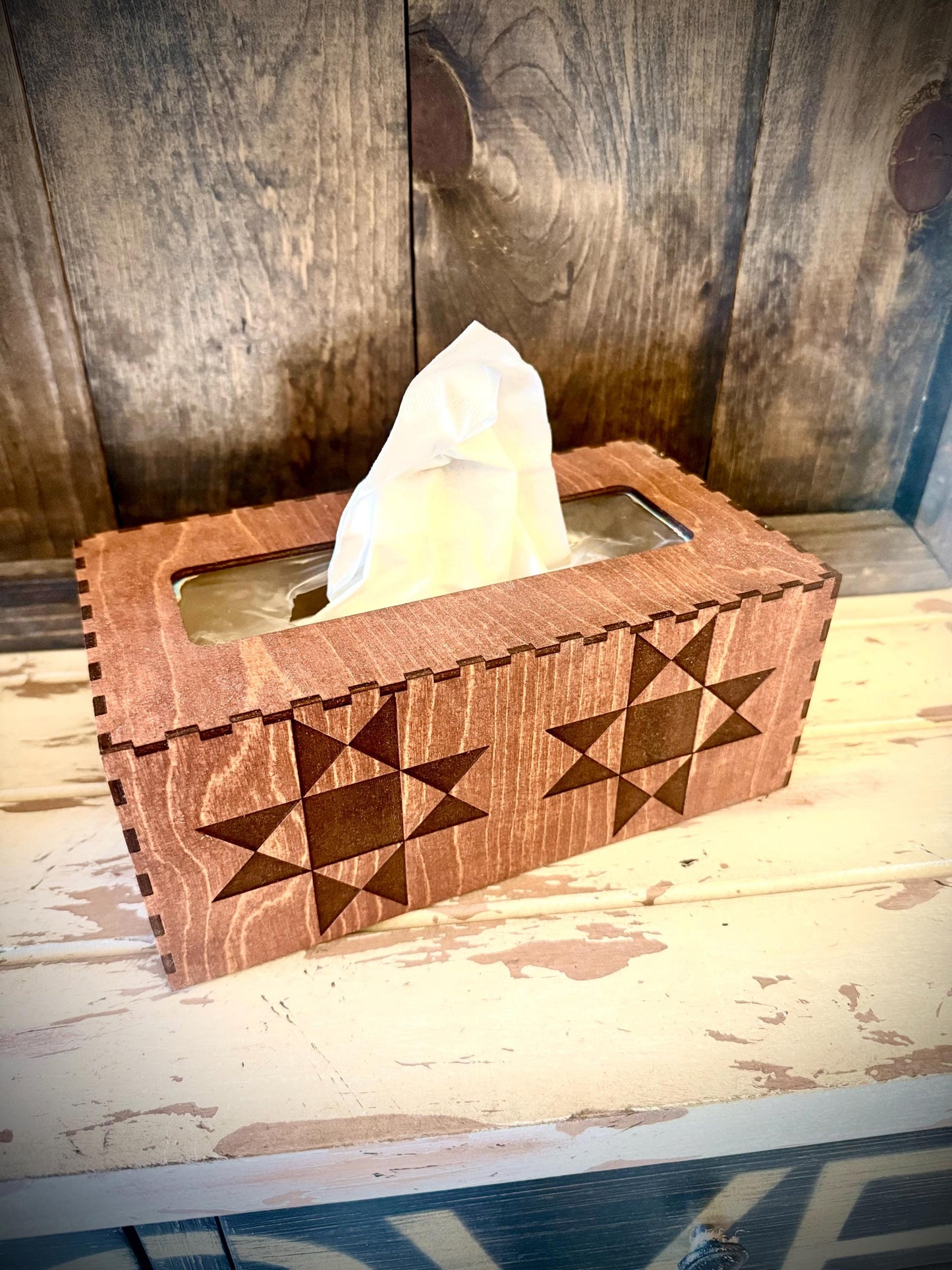 Quilt Pattern Engraved Wood Tissue Box Cover | Square, Oblong & Costco Sizes | 12 Finishes