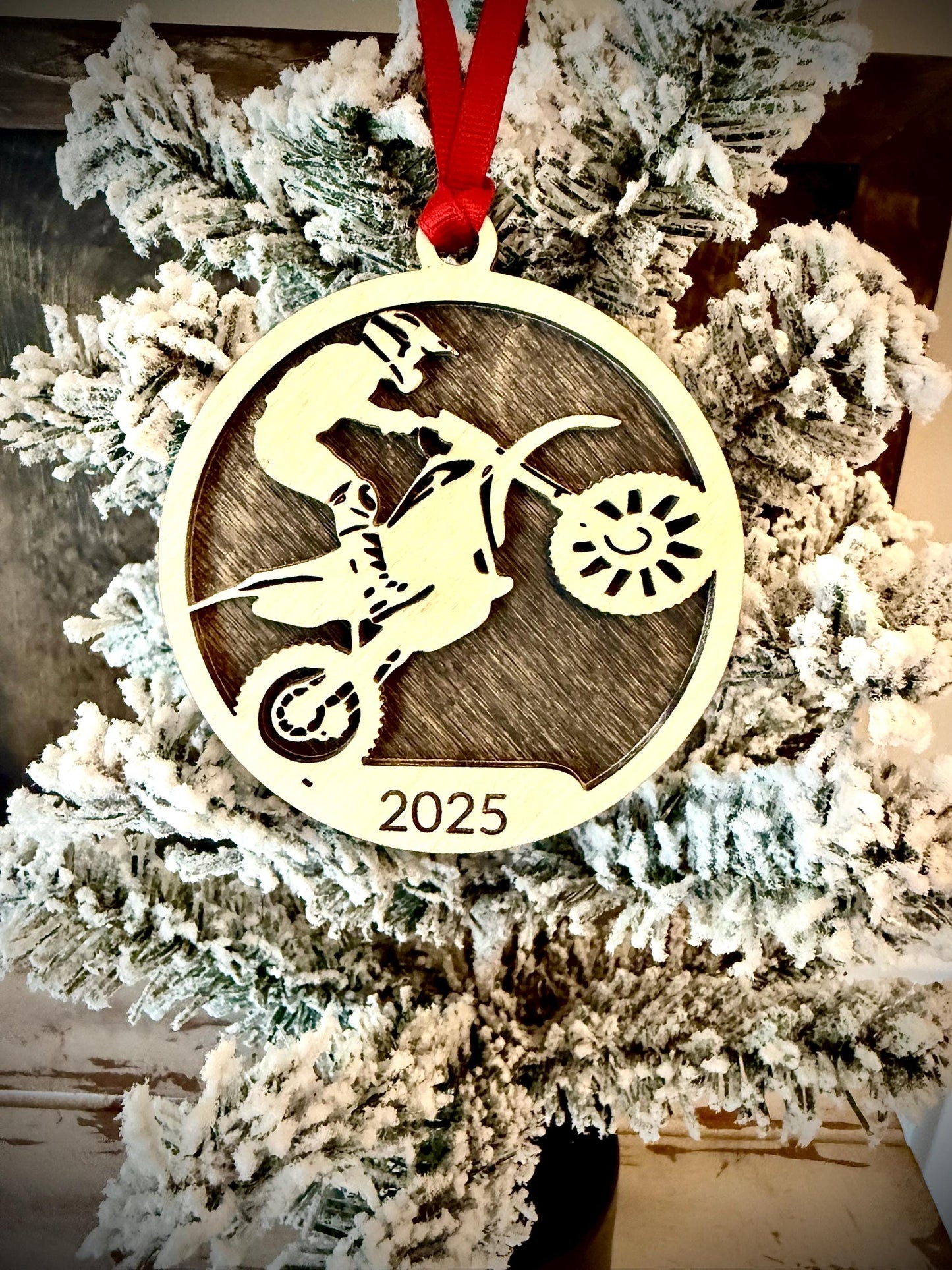 Motocross supercross moto mx dirt bike 2-layer personalized laser cut wood Christmas ornament, gift tag available unfinished or stained.