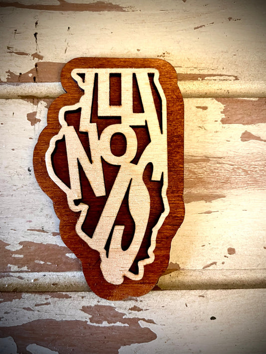 Illinois Word Art 2-Layer Wood Refrigerator Magnet | 12 Finishes | State Pride Gift